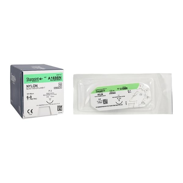 Nylon Suture, Monofilament, Reverse Cutting, Size 6-0, 18"/45cm, 13mm, 3/8 Circle, 12/bx