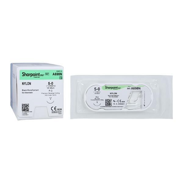 Nylon Suture, Monofilament, Reverse Cutting, Size 5-0, 18"/45cm, 13mm, 3/8 Circle, 12/bx