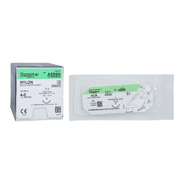 Nylon Suture, Monofilament, Reverse Cutting, Size 4-0, 18"/45cm, 13mm, 3/8 Circle, 12/bx