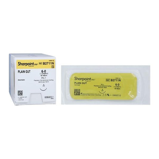 Plain Gut Suture, Conventional, Size 6-0, 18"/45cm, 13mm, 3/8 Circle, 12/bx