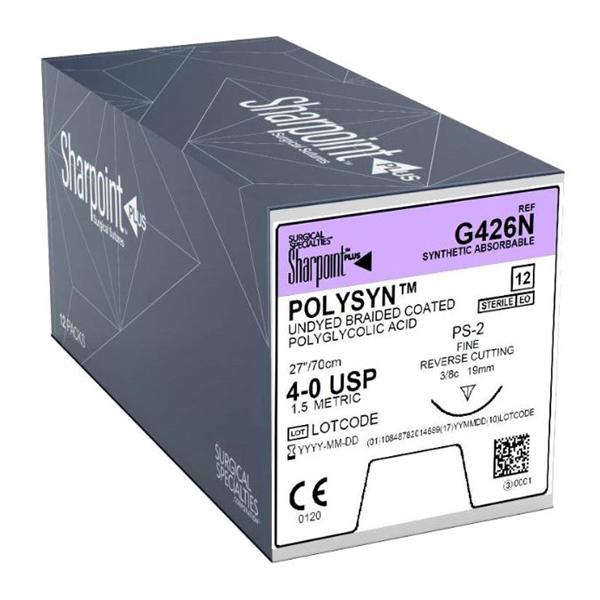 Polyglycolic Acid Suture, Braided, Reverse Cutting, Size 4-0, 27"/70cm, 18mm, 3/8 Circle, 12/bx