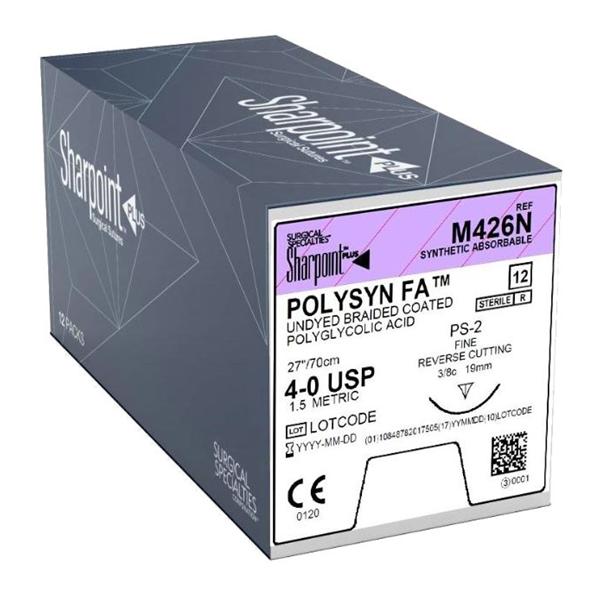 Polyglycolic Acid Suture, Braided, Reverse Cutting, Size 4-0, 27"/70cm, 19mm, 3/8 Circle, 12/bx