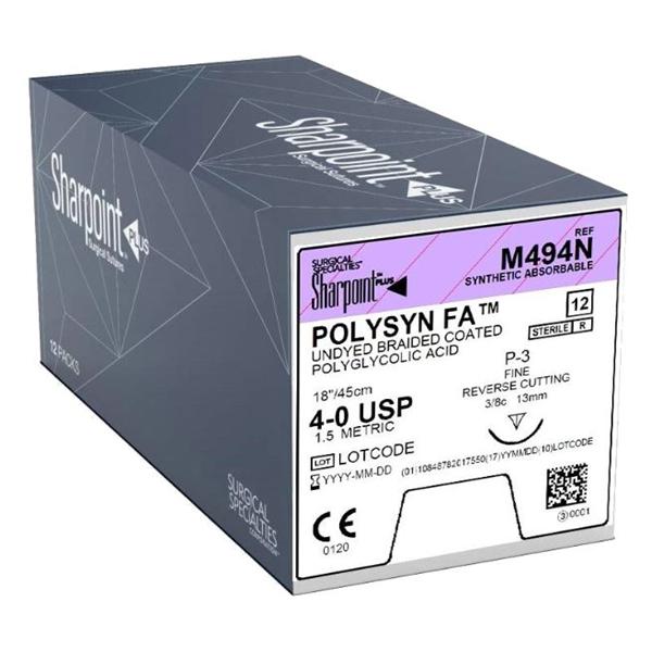 Polyglycolic Acid Suture, Braided, Reverse Cutting, Size 4-0, 18"/45cm, 13mm, 3/8 Circle, 12/bx