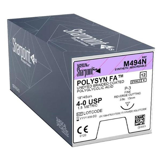 Polyglycolic Acid Suture, Braided, Reverse Cutting, Size 4-0, 18"/45cm, 13mm, 3/8 Circle, 12/bx