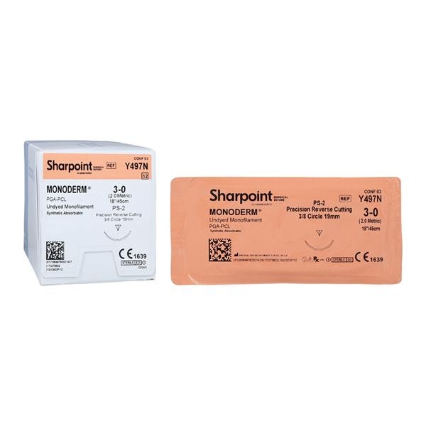 Monoderm Suture, Monofilament, Reverse Cutting, Size 3-0, 18"/45cm, 19mm, 3/8 Circle, 12/bx