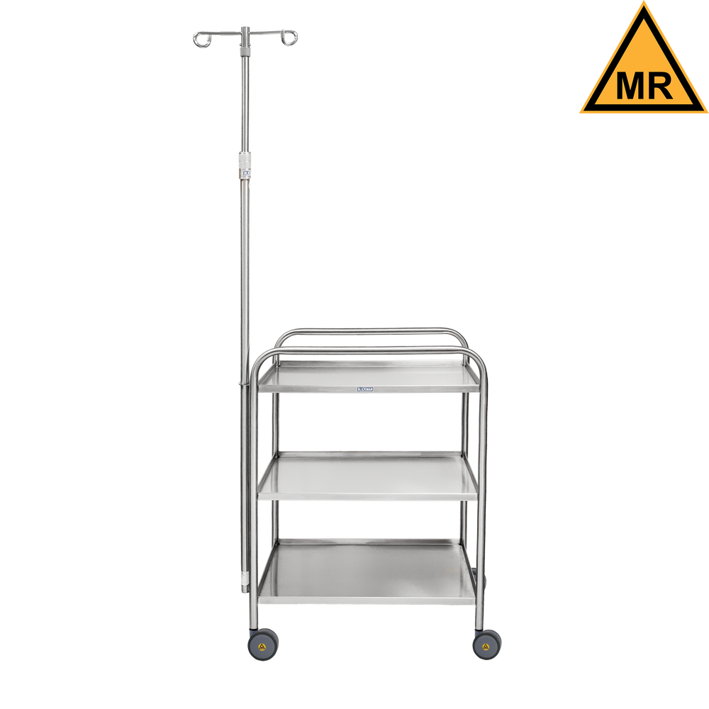 Utility Cart, Medium Duty, 27 1/2"W x 40"H 18 1/8"D, (3) Shelves, 4-Sided Lip, 4" Swivel Casters, 2 Hook IV Pole, MR Safe (DROP SHIP ONLY)