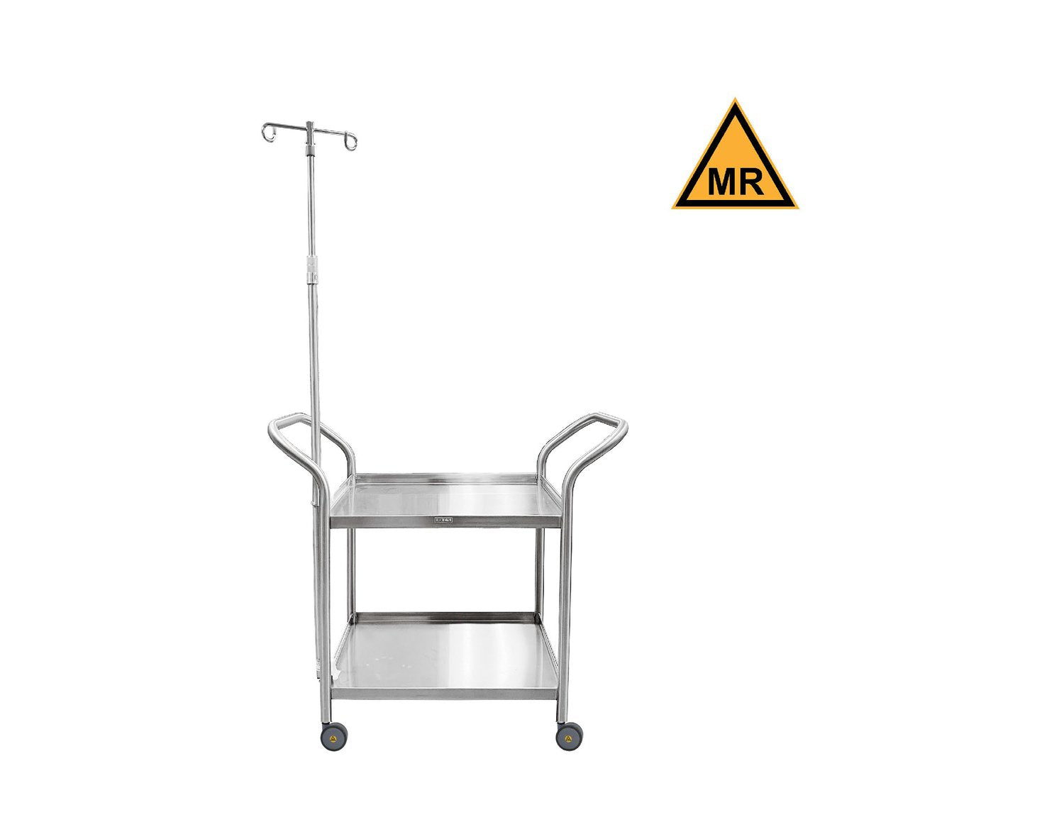 Utility Cart, Heavy Duty, 37 1/2"W x 35 11/16"H x 19 1/4"D, (2) Shelves, 3-Sided Lip, 5" Casters, (2) with Brake, 2 Hook  IV Pole, MR Safe (DROP SHIP ONLY)