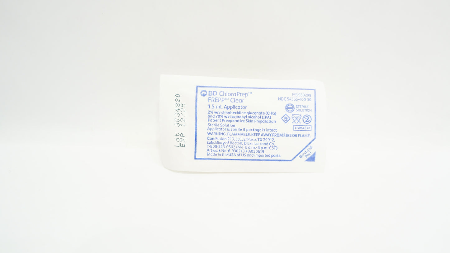 ChloraPrep FREPP Clear, 1.5 ml Applicator, Sterile, 500/cs (30 cs/plt) (Temp Sensitive; Non-Returnable) (Continental US Only) (Item is considered HAZMAT and cannot ship via Air or to AK, GU, HI, MP, PR, VI) (Drop Ship Requires Pre-Approval)