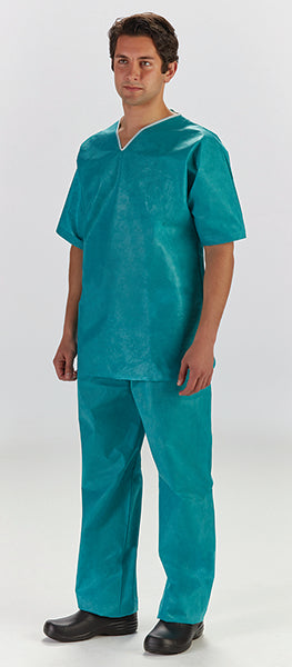 Scrubs Set, Shirt & Pants, V-Neck, No Pocket, Elastic Waist, Teal with White Trim, X-Large, Latex Free (LF), 20/cs