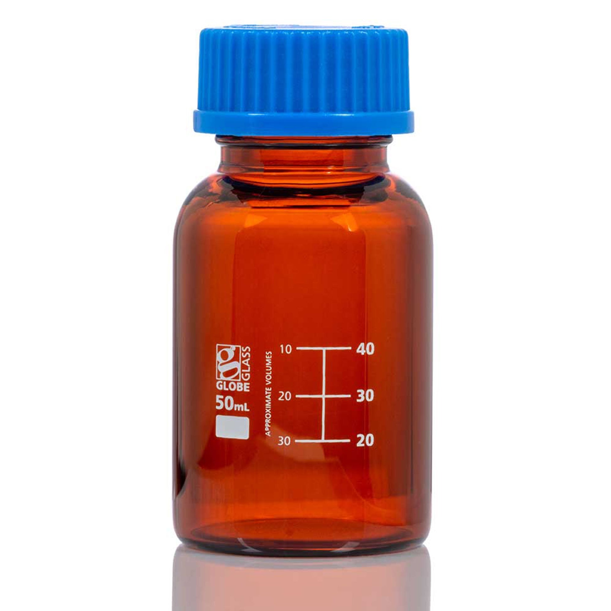 Bottle, Amber Media, Globe Glass, 50mL, GL32 Screw Cap, Dual Graduations, 10/bx