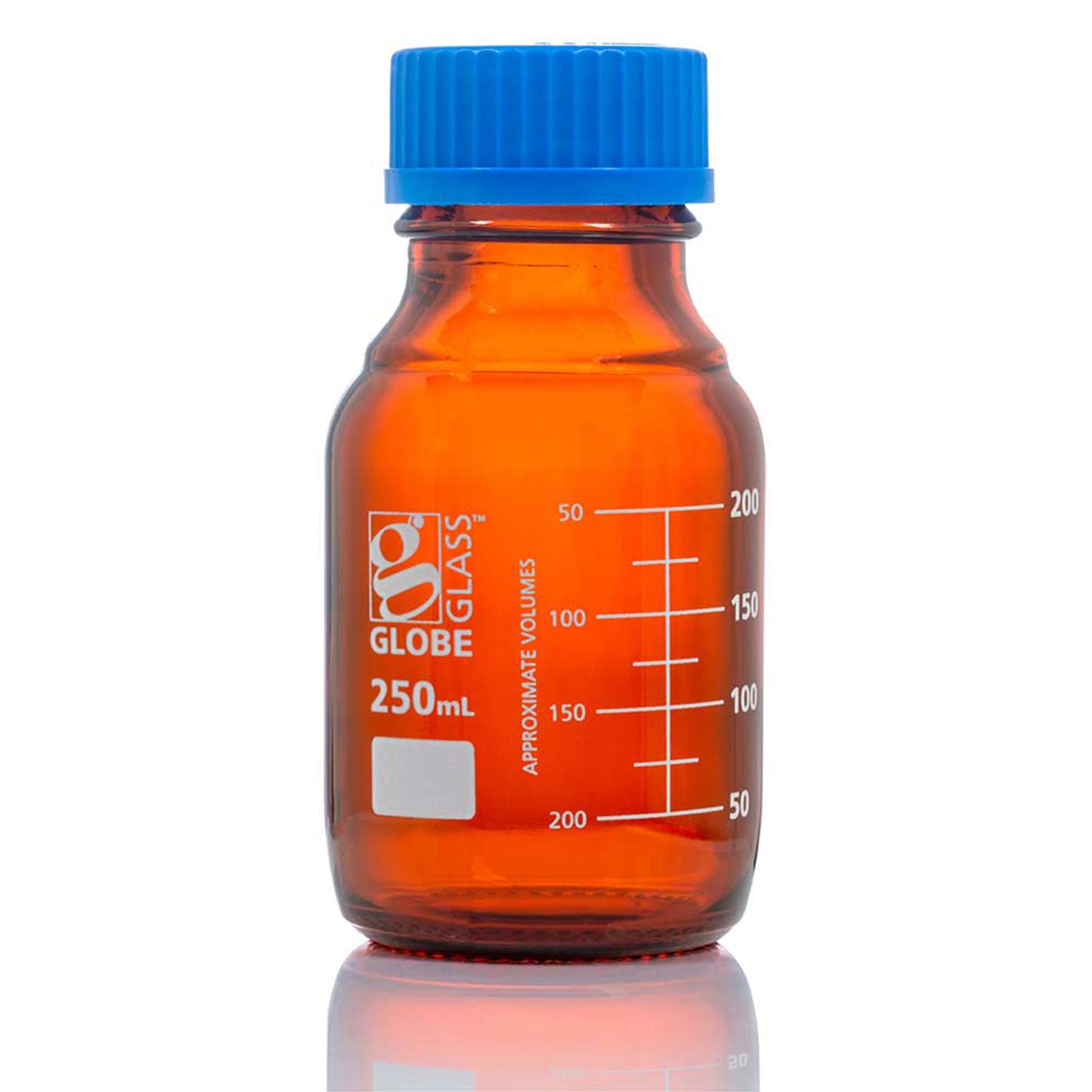 Bottle, Amber Media, Globe Glass, 250mL, GL45 Screw Cap, Dual Graduations, 10/bx