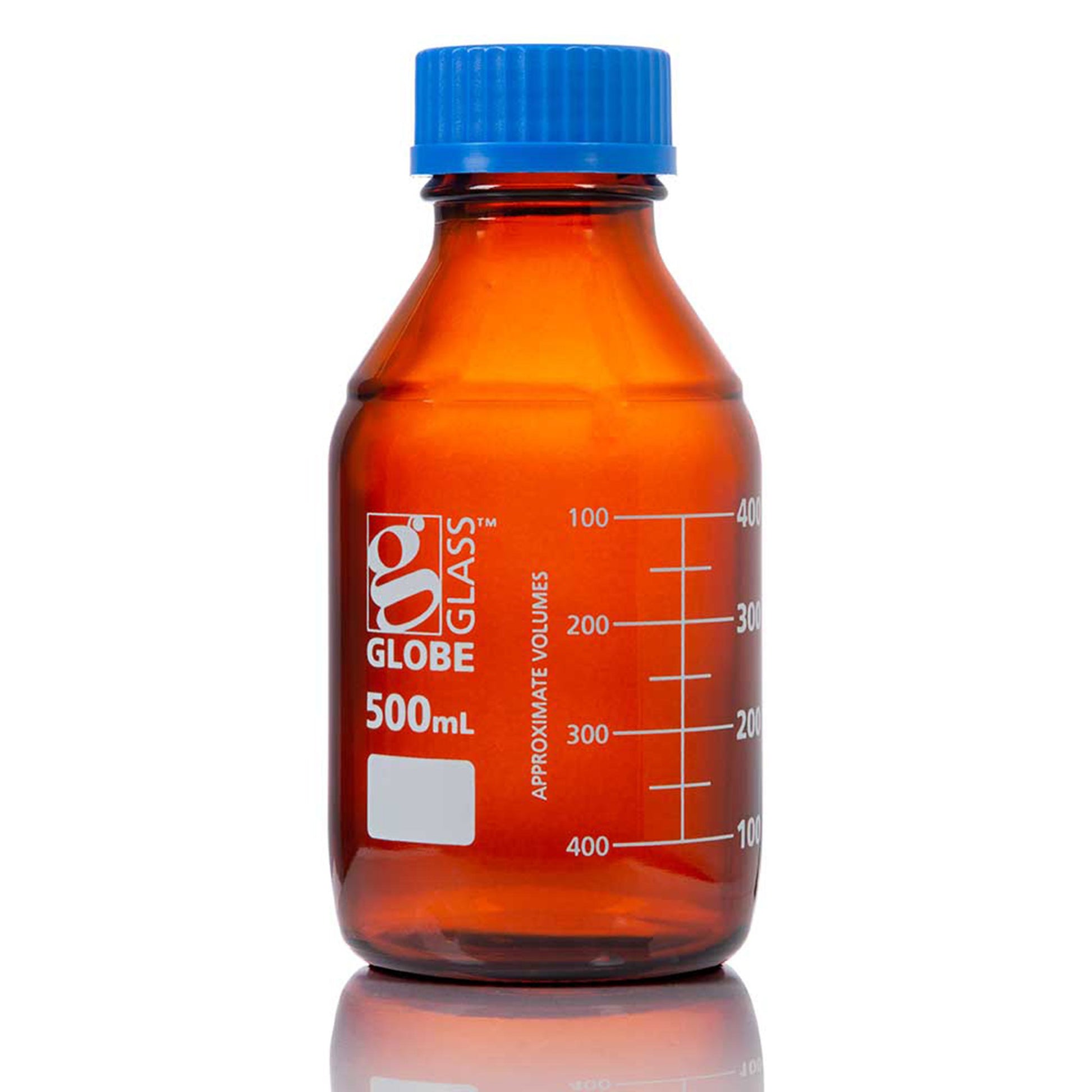Bottle, AmberMedia, Globe Glass, 500mL, GL45 Screw Cap, Dual Graduations, 10/bx