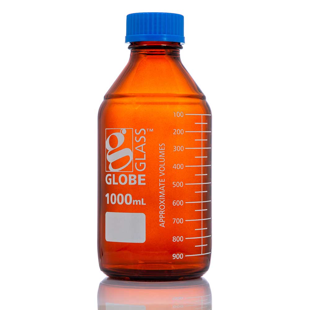 Bottle, Amber Media, Globe Glass, 1000mL, GL45 Screw Cap, Dual Graduations, 10/bx