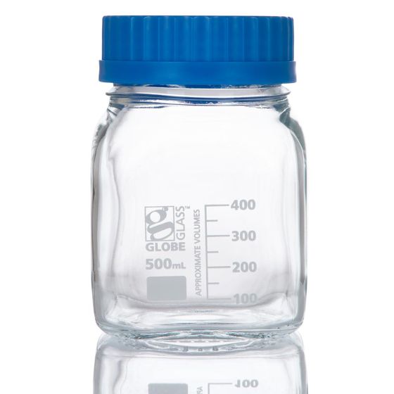 Bottle, Square Media, Wide Mouth, Globe Glass, 500mL, GL80 Screw Cap, 10/bx