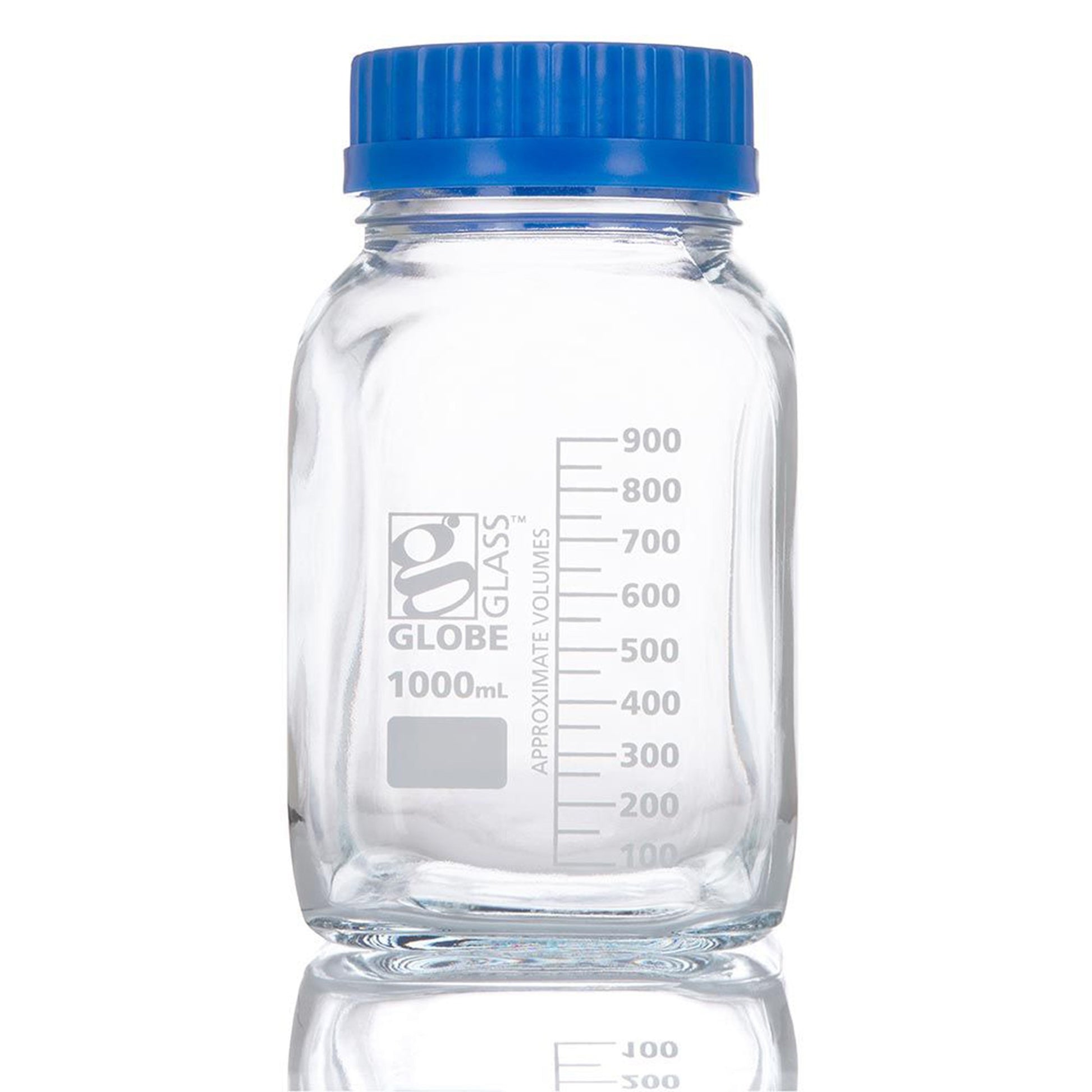 Bottle, Square Media, Wide Mouth, Globe Glass, 1000mL, GL80 Screw Cap, 10/bx