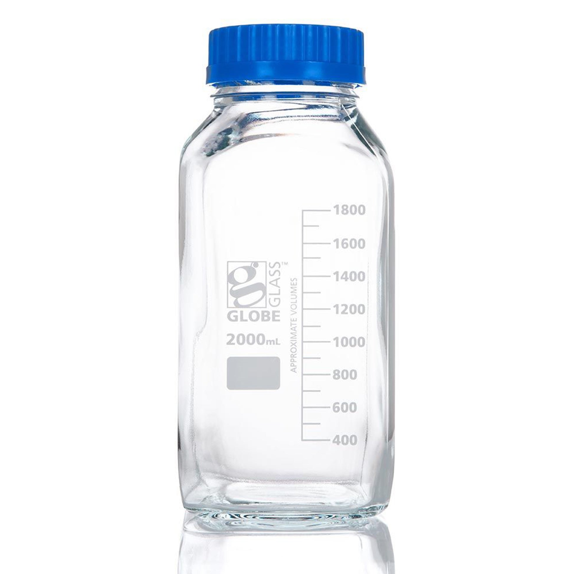 Bottle, Square Media, Wide Mouth, Globe Glass, 2000mL, GL80 Screw Cap, 10/bx