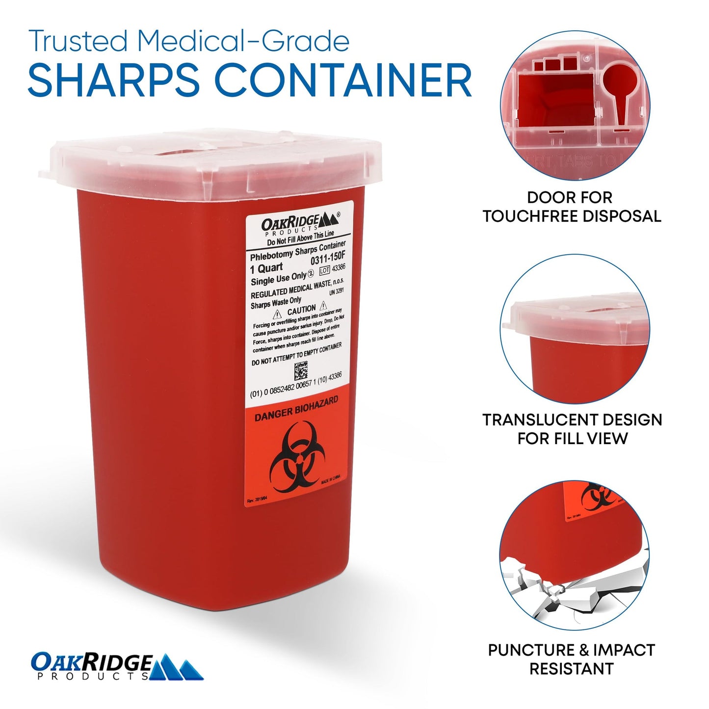 Sharps Container, 1 Quart, Red Base/ Translucent Flip Lid, Covidien Style, 100/cs
