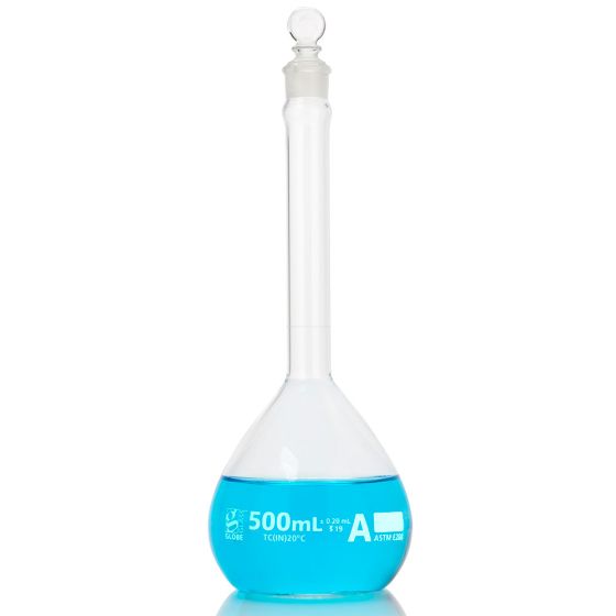 Flask, Volumetric , Globe Glass, 500mL, Class A, To Contain (TC), ASTM E288, Non-Sterile, 6/bx