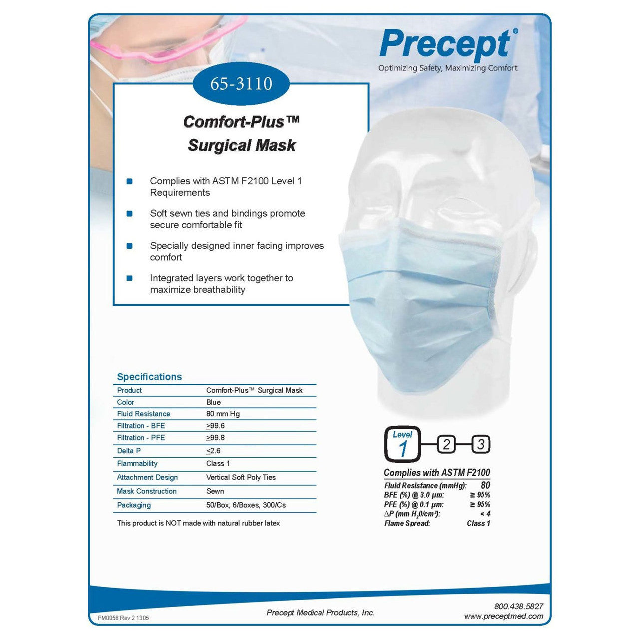 Mask, Surgical, Comfort-Plus, Blue, ASTM Level 1, Non-Sterile, 50-bx, 6 bx/cs