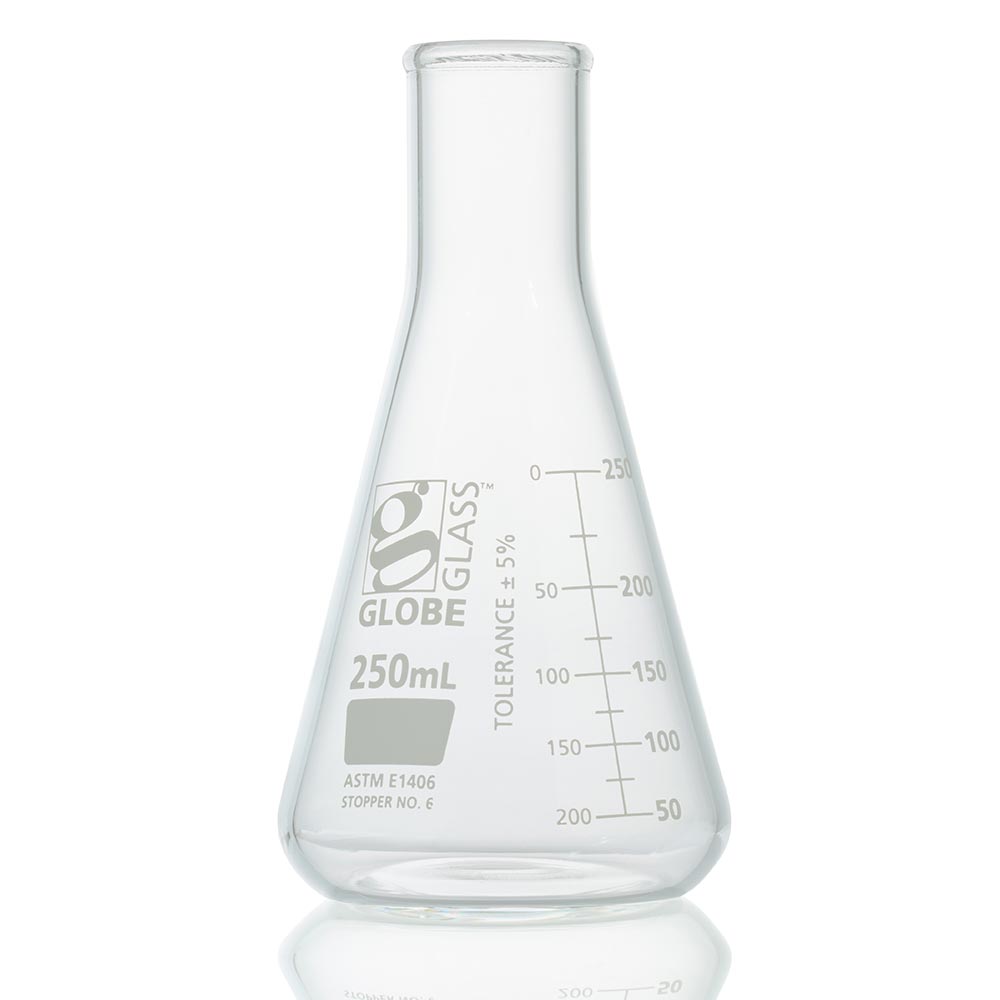 Flask, Erlenmeyer, Globe Glass, 250mL, Heavy Duty, Narrow Mouth, Dual Graduations, ASTM E1406, 6/bx