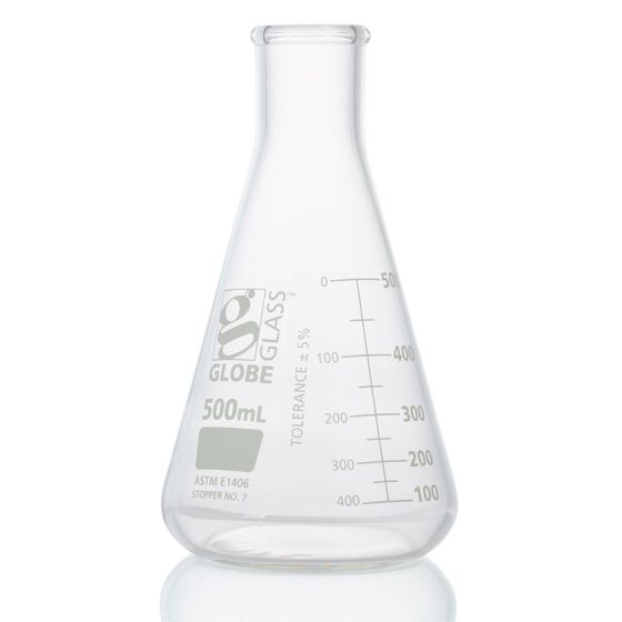 Flask, Erlenmeyer, Globe Glass, 500mL, Heavy Duty, Narrow Mouth, Dual Graduations, ASTM E1406, 1/bx (EA=BX)