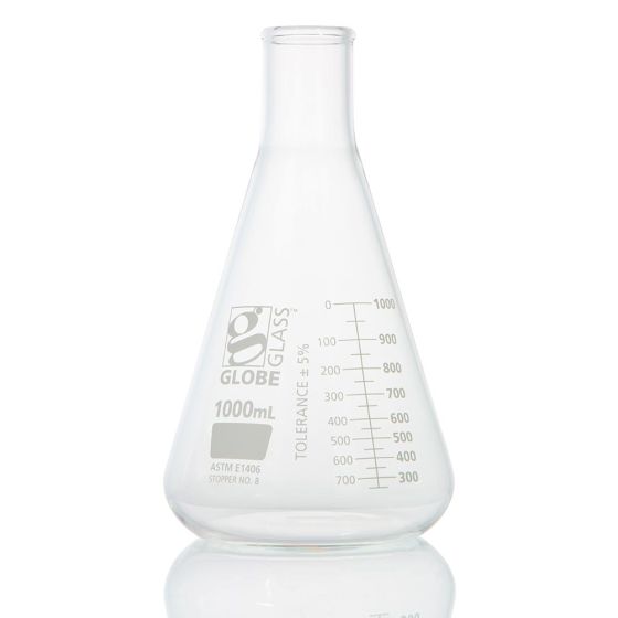 Flask, Erlenmeyer, Globe Glass, 1000mL, Heavy Duty, Narrow Mouth, Dual Graduations, ASTM E1406, 1/bx (EA=BX)