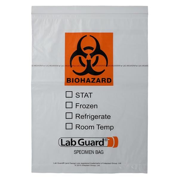 Transport Bag, Biohazard Symbol, Frozen, Refrigerate, Room Temp, 12" x 15", Clear/ Black/ Orange, Zip Closure, 100/bg, 5 bg/cs