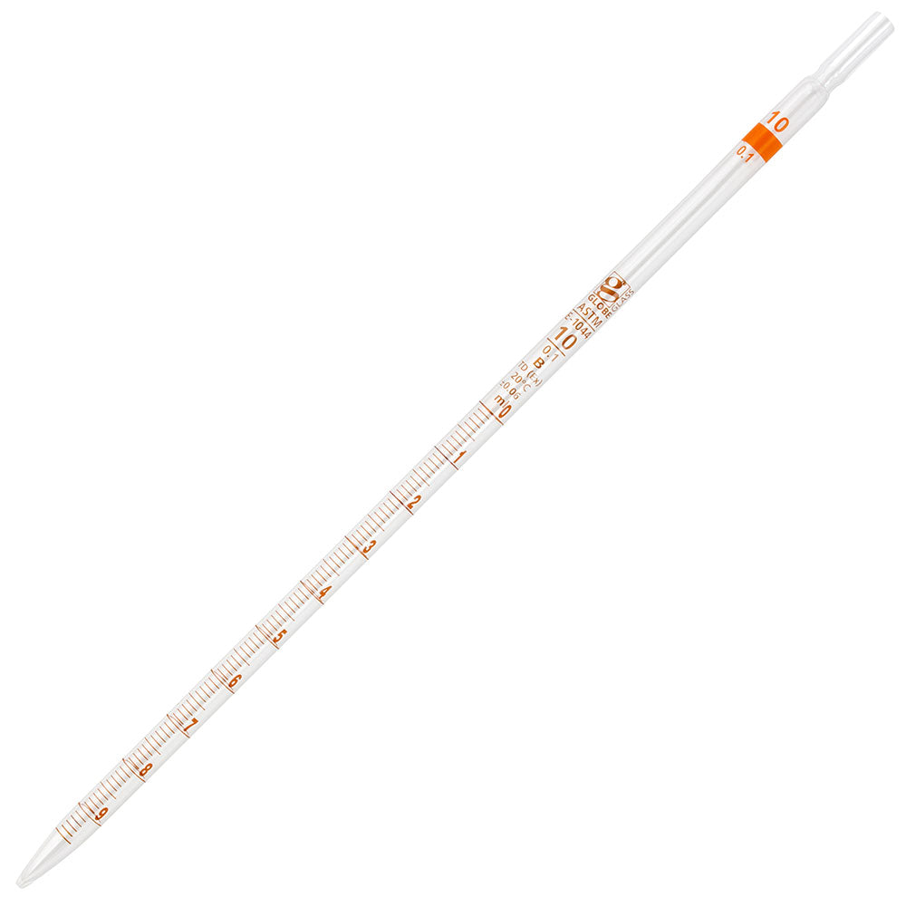 Pipette, Serological, Globe Glass, Reusable, 10mL, To Deliver (TD), 0.1 Graduations, Orange Band, ASTM E1044, 6/bx