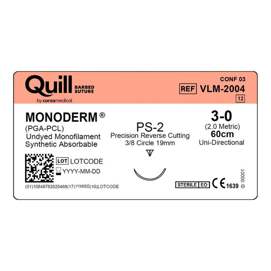 Monoderm Suture, Reverse Cutting, Unidirectional, Size 3-0, 60cm, 19mm, 3/8 Circle, 12/bx