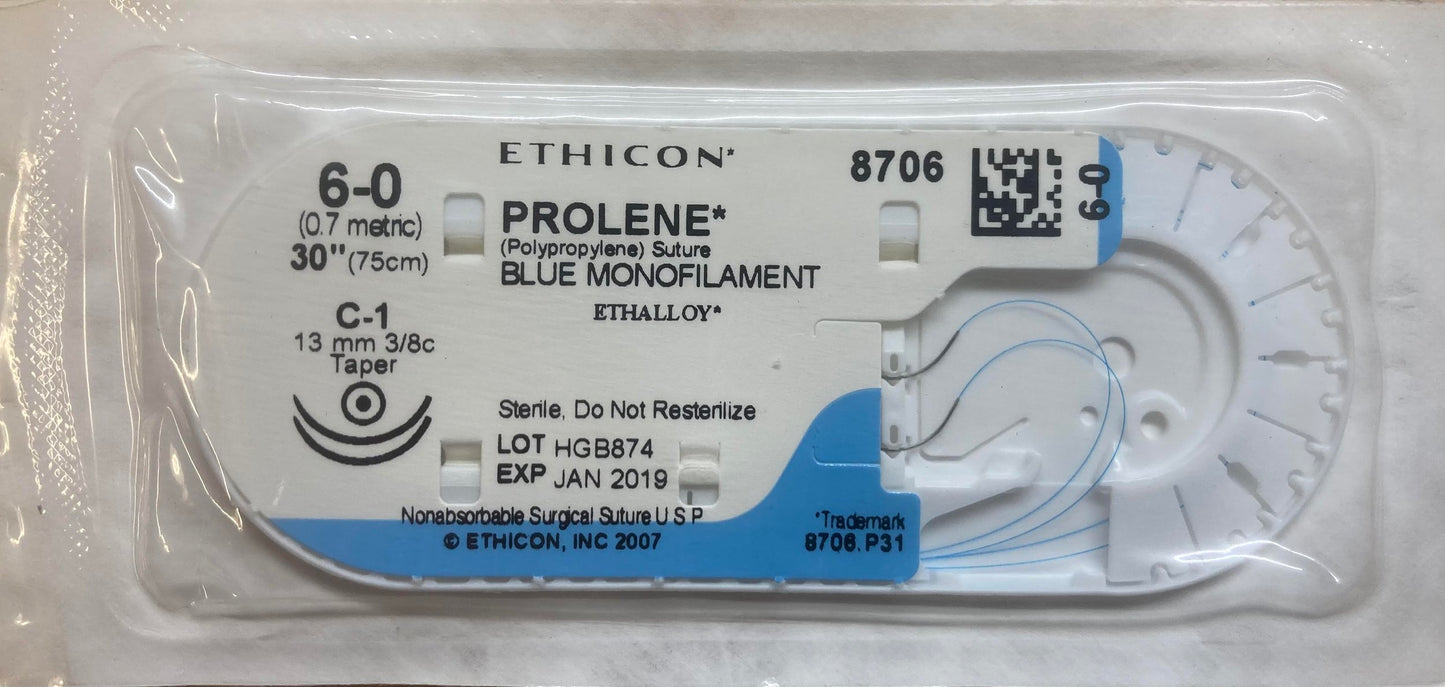 Suture, Taper Point, Size 6-0, 30", Blue Monofilament, Needle C-1,C-1, 3/8 Circle, 3 dz/bx (Continental US Only)