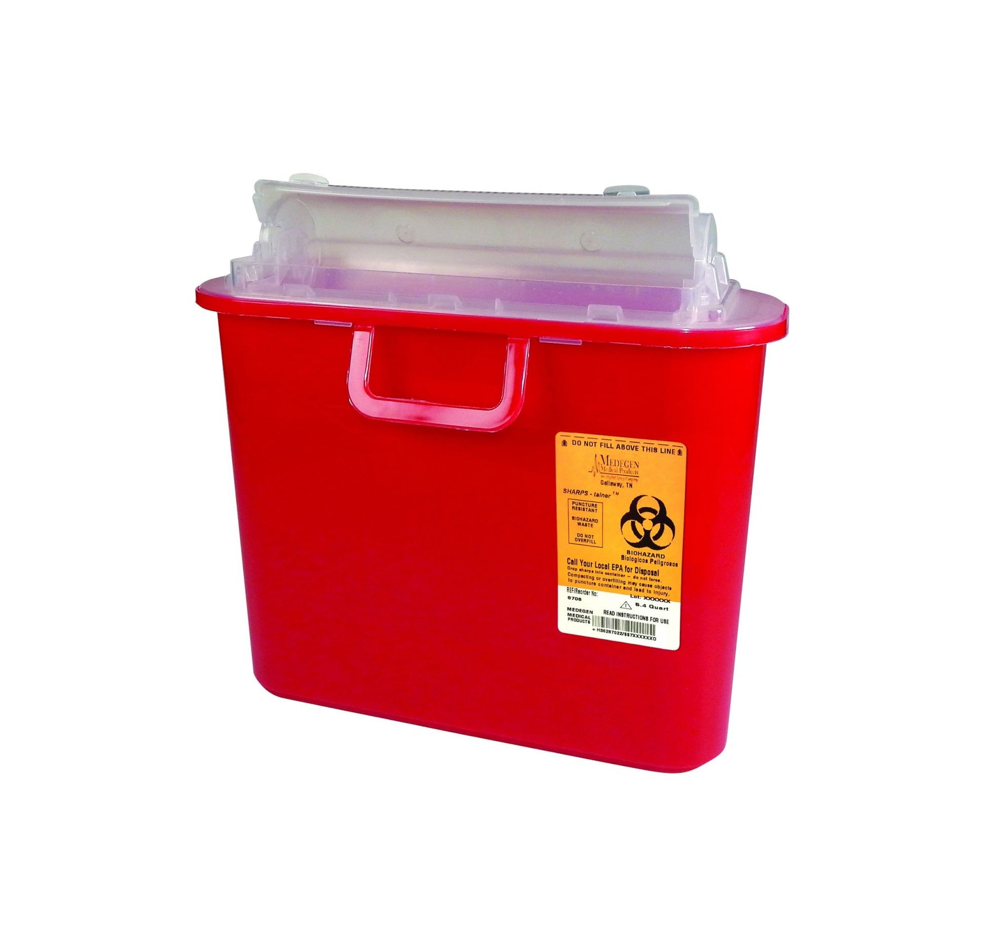 Sharps Container, 5.4Qt Red, Locking Lid, 10.5"W x 3.5"D x 10.5"H, 12/cs (20 cs/plt)