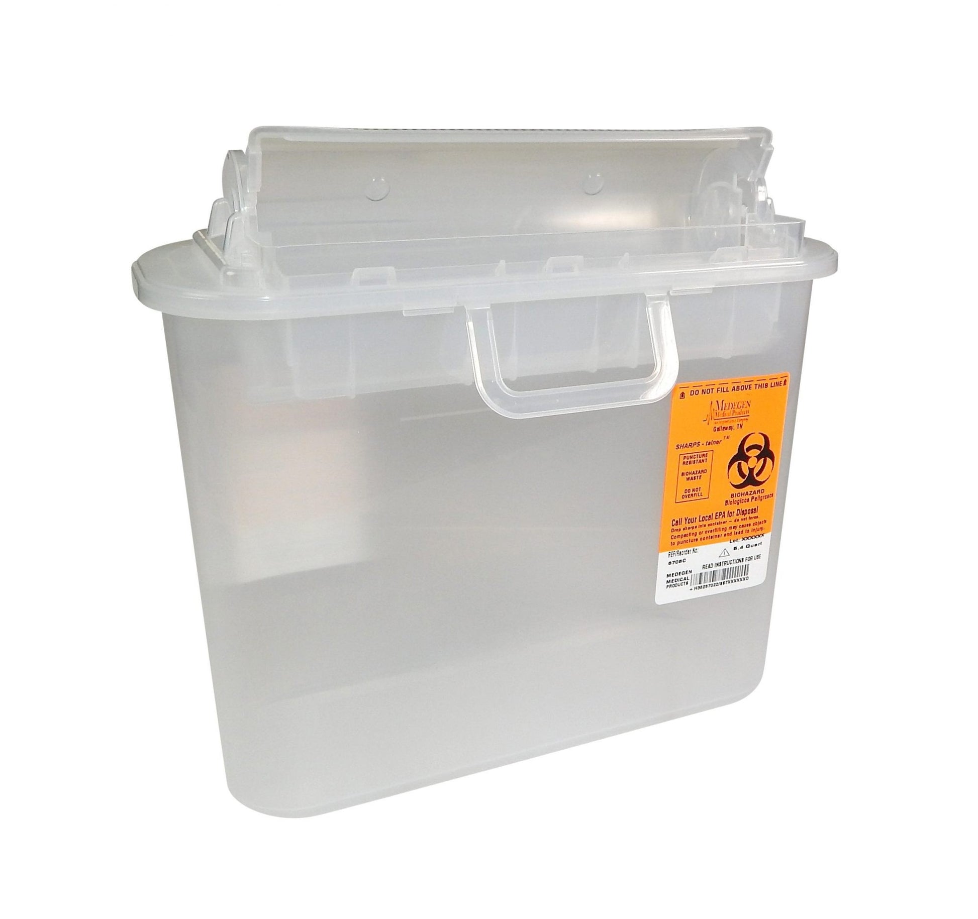 Sharps Container, 5.4Qt Clear, Locking Lid, 10.5"W x 3.5"D x 10.5"H, 12/cs