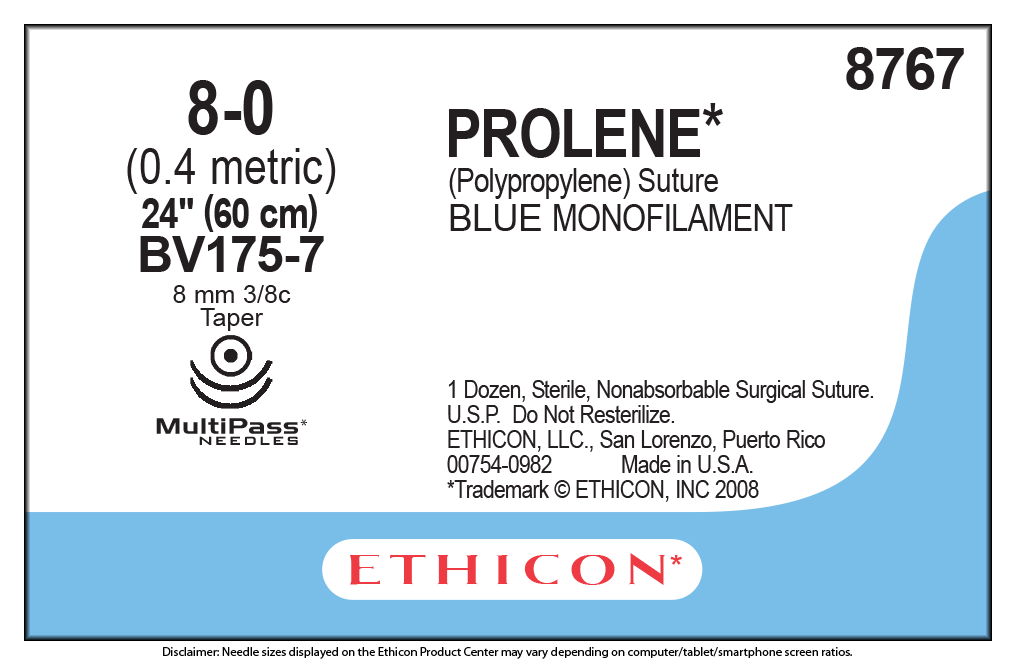 Suture, Taper Point, Size 8-0, 24", Blue Monofilament, Needle BV175-7, 3/8 Circle, 1 dz/bx (Continental US Only)