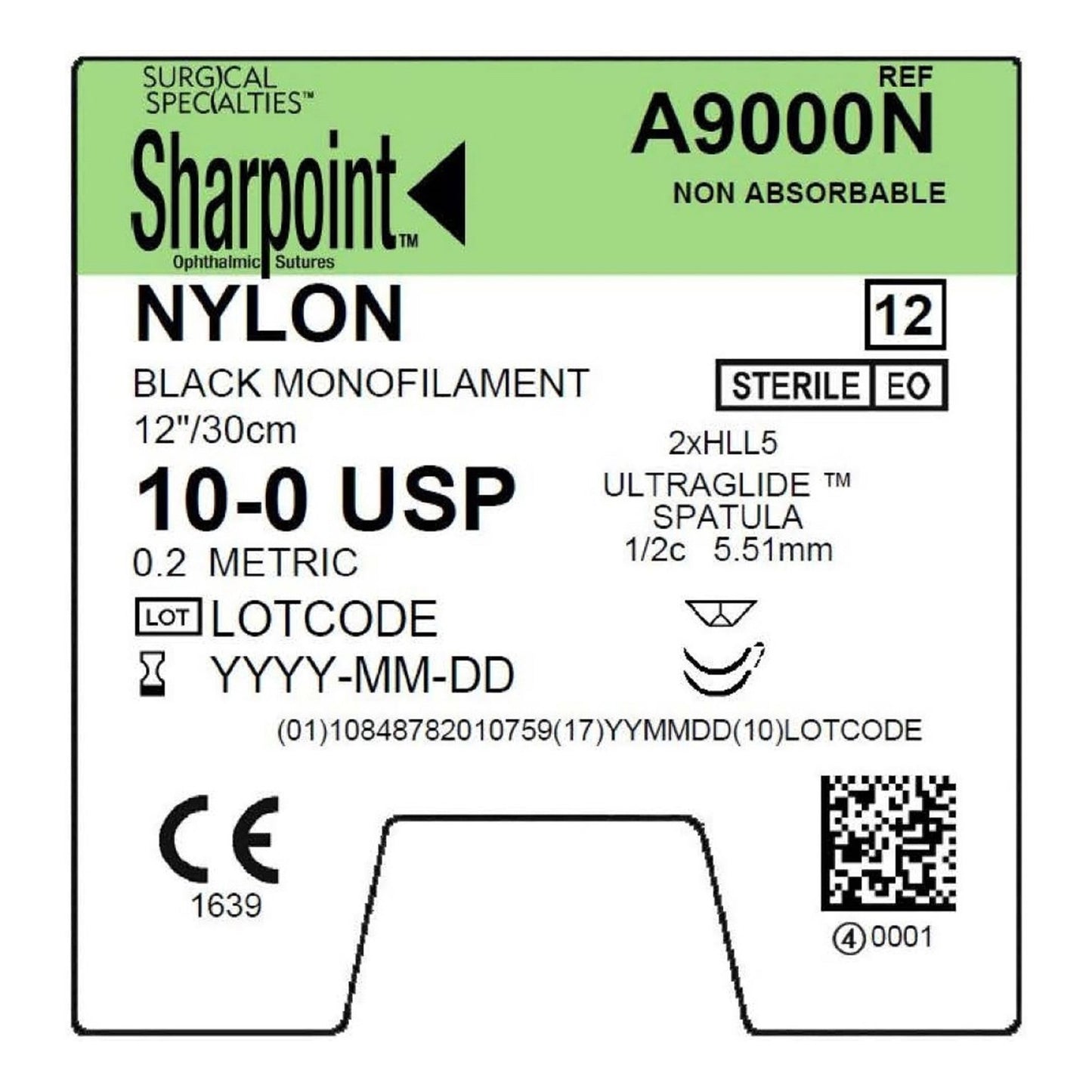 Nylon Suture, Monofilament, UltraGlide, Size 10-0, 12"/30cm, 5.51mm, 1/2 Circle, 12/bx