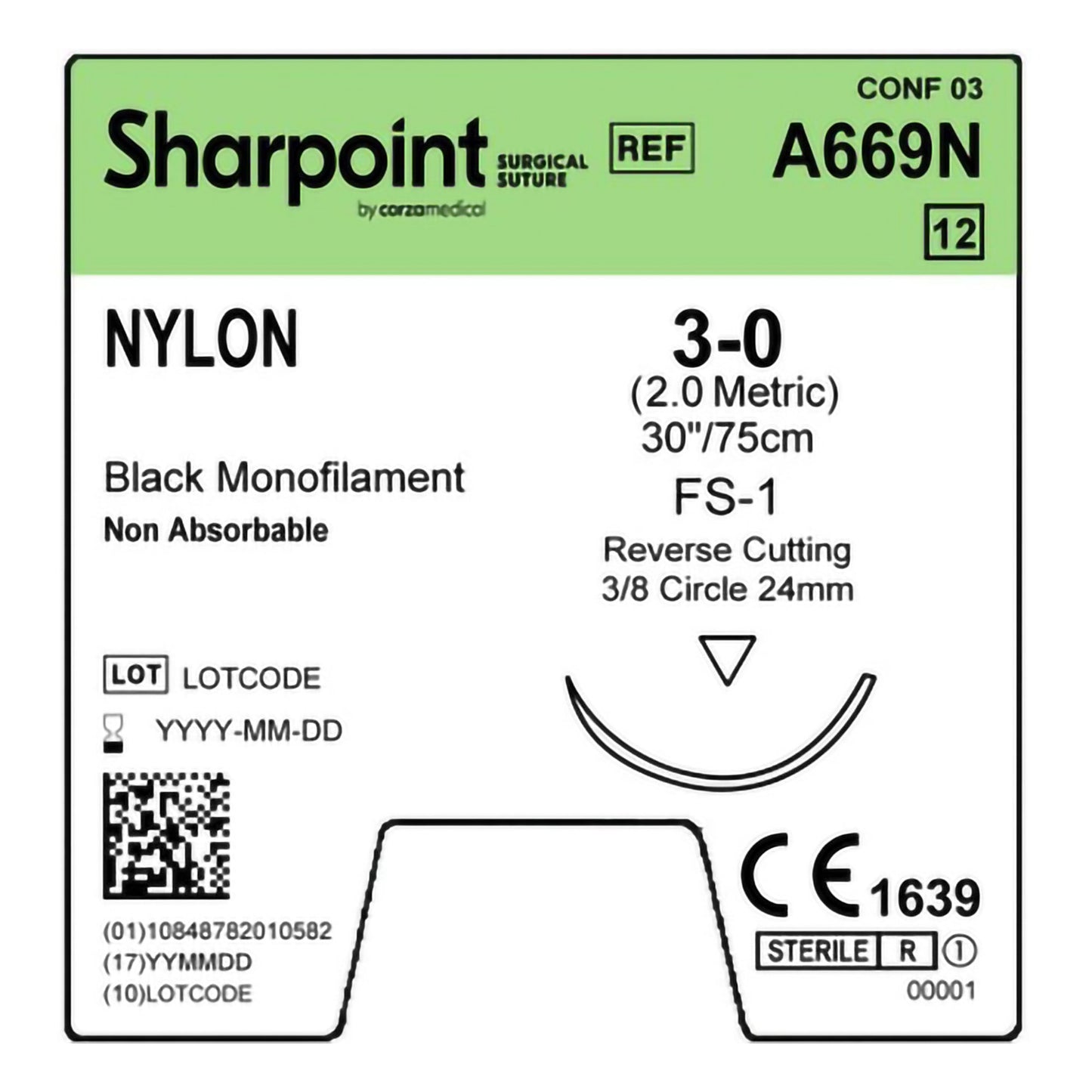 Nylon Suture, Monofilament, Reverse Cutting, Size 3-0, 30"/75cm, 24mm, 3/8 Circle, 12/bx