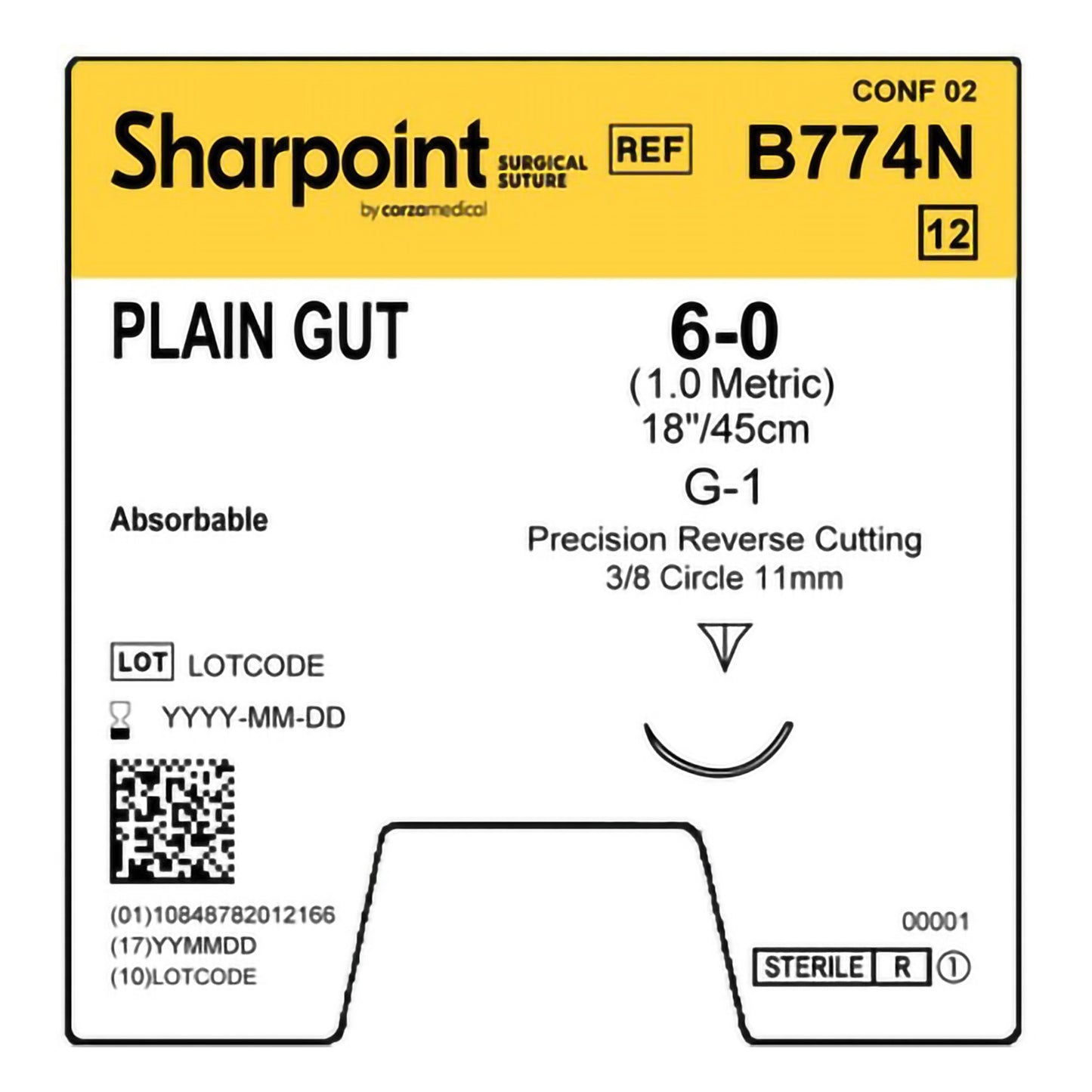 Plain Gut Suture, Reverse Cutting, Size 6-0, 18"/45cm, 11mm, 3/8 Circle, 12/bx