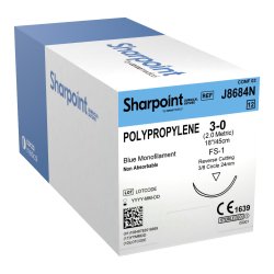 Polypropylene Suture, Monofilament, Reverse Cutting, Size 3-0, 18"/45cm, 24mm, 3/8 Circle, 12/bx