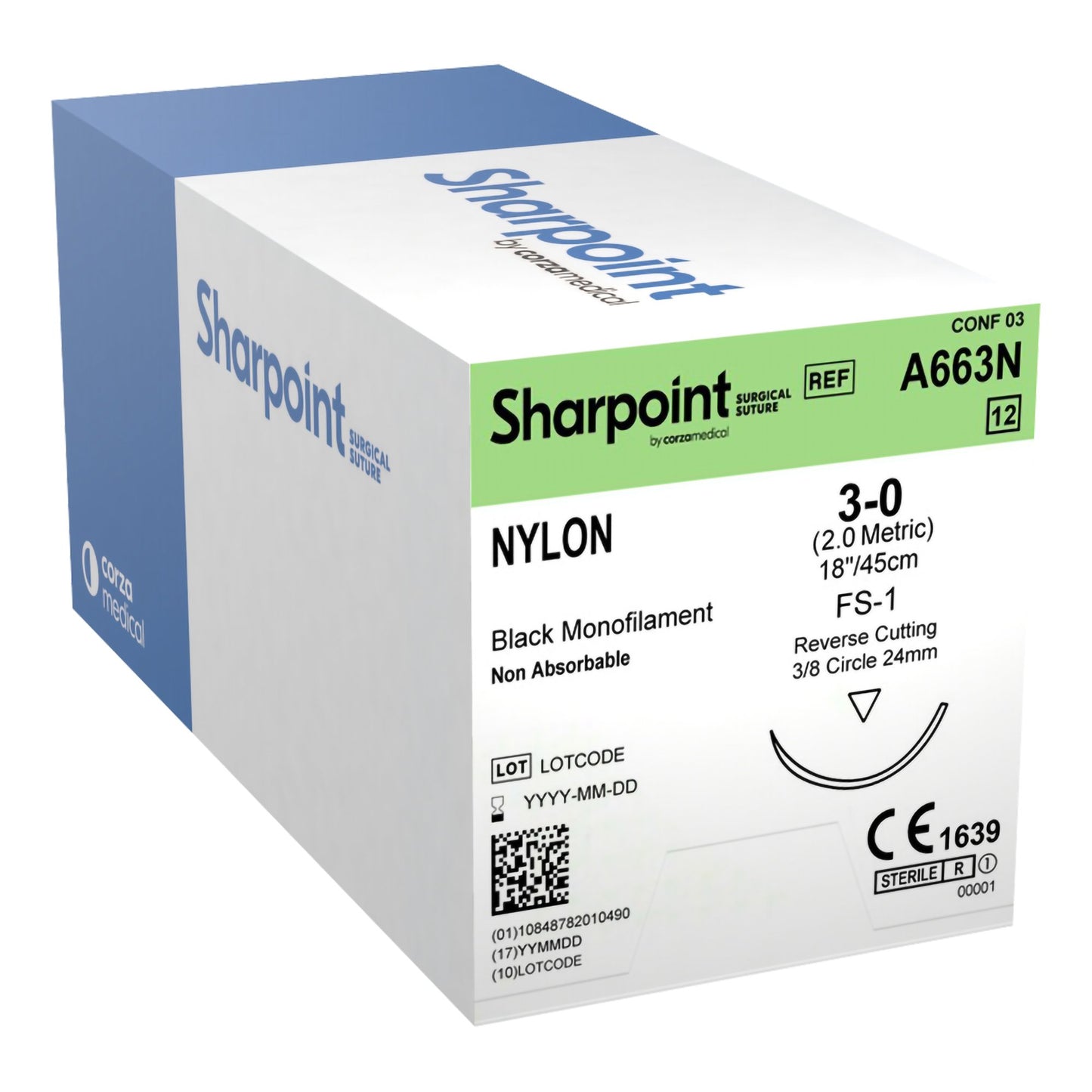 Nylon Suture, Monofilament, Reverse Cutting, Size 3-0, 18"/45cm, 24mm, 3/8 Circle, 12/bx