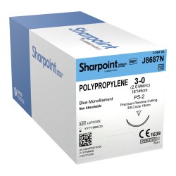 Polypropylene Suture, Monofilament, Reverse Cutting, Size 3-0, 18"/45cm, 18mm, 3/8 Circle, 12/bx