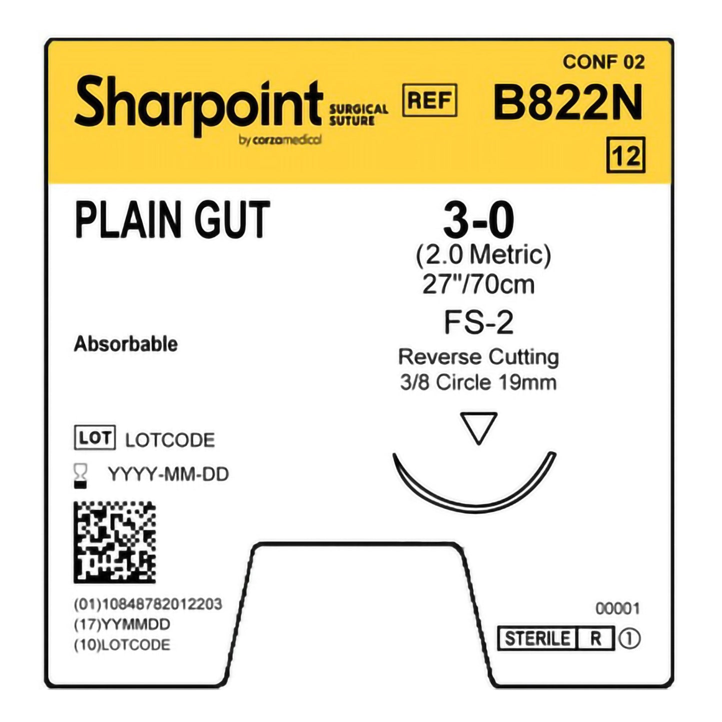 Plain Gut Suture, Reverse Cutting, Size 3-0, 27"/70cm, 19mm, 3/8 Circle, 12/bx