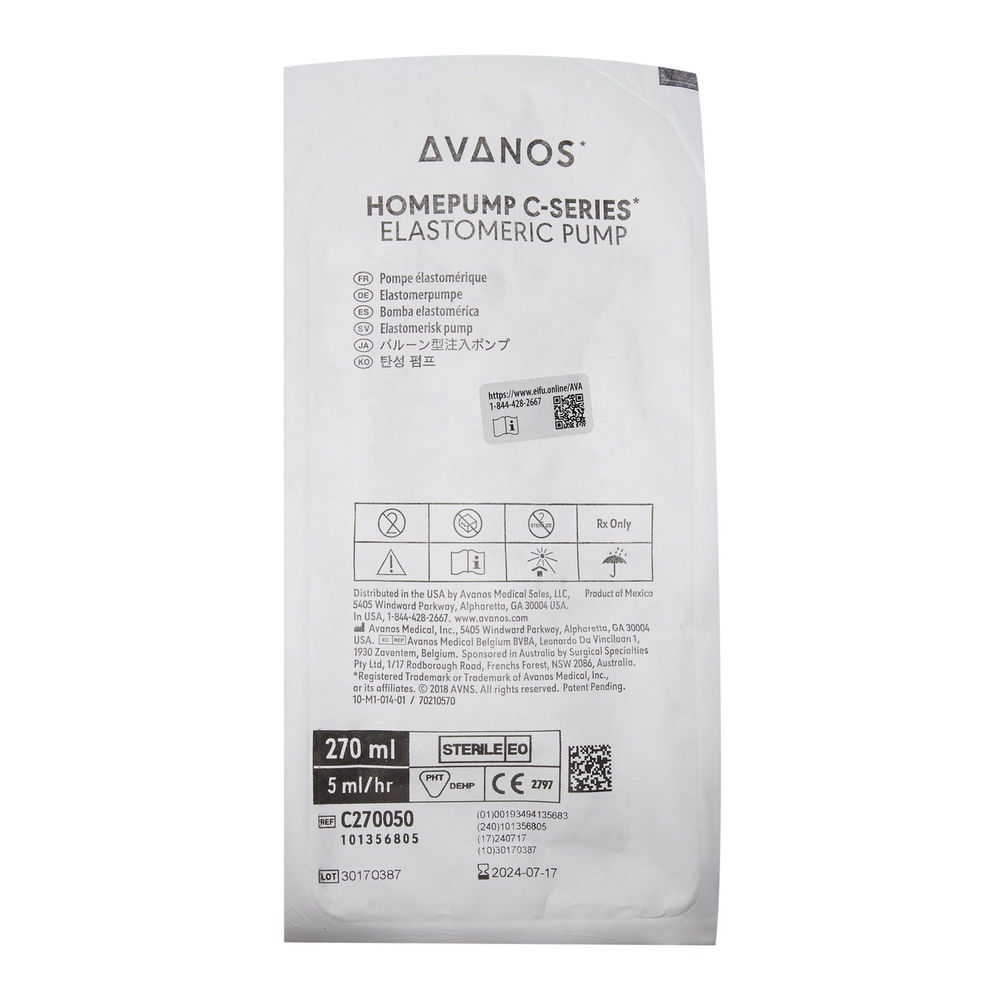 Homepump Elastomeric Pump, C-Series, 270 ml Fill Volume, 5 ml/hr Fill Rate, Infusion, (DEHP free), 10/cs (US Only) (Authorized Distributor Sub-Agreement Required  - See Manufacturer Details Page)