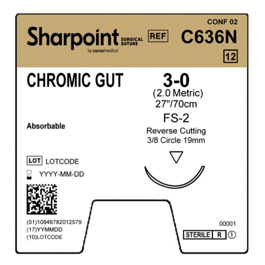 Chromic Gut Suture, Reverse Cutting, Size 3-0, 27"/70cm, 19mm, 3/8 Circle, 12/bx