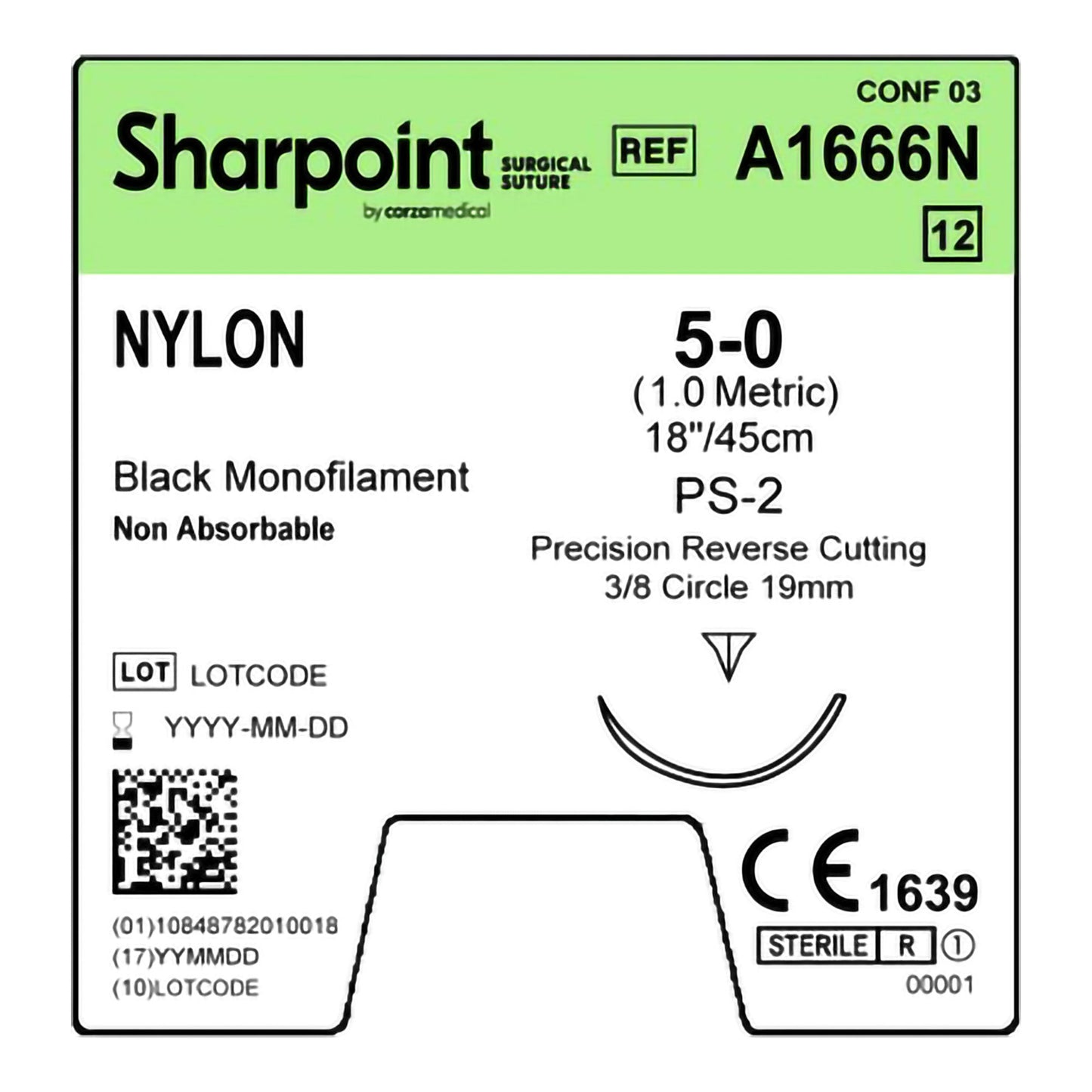 Nylon Suture, Monofilament, Reverse Cutting, Size 5-0, 18"/45cm, 19mm, 3/8 Circle, 12/bx