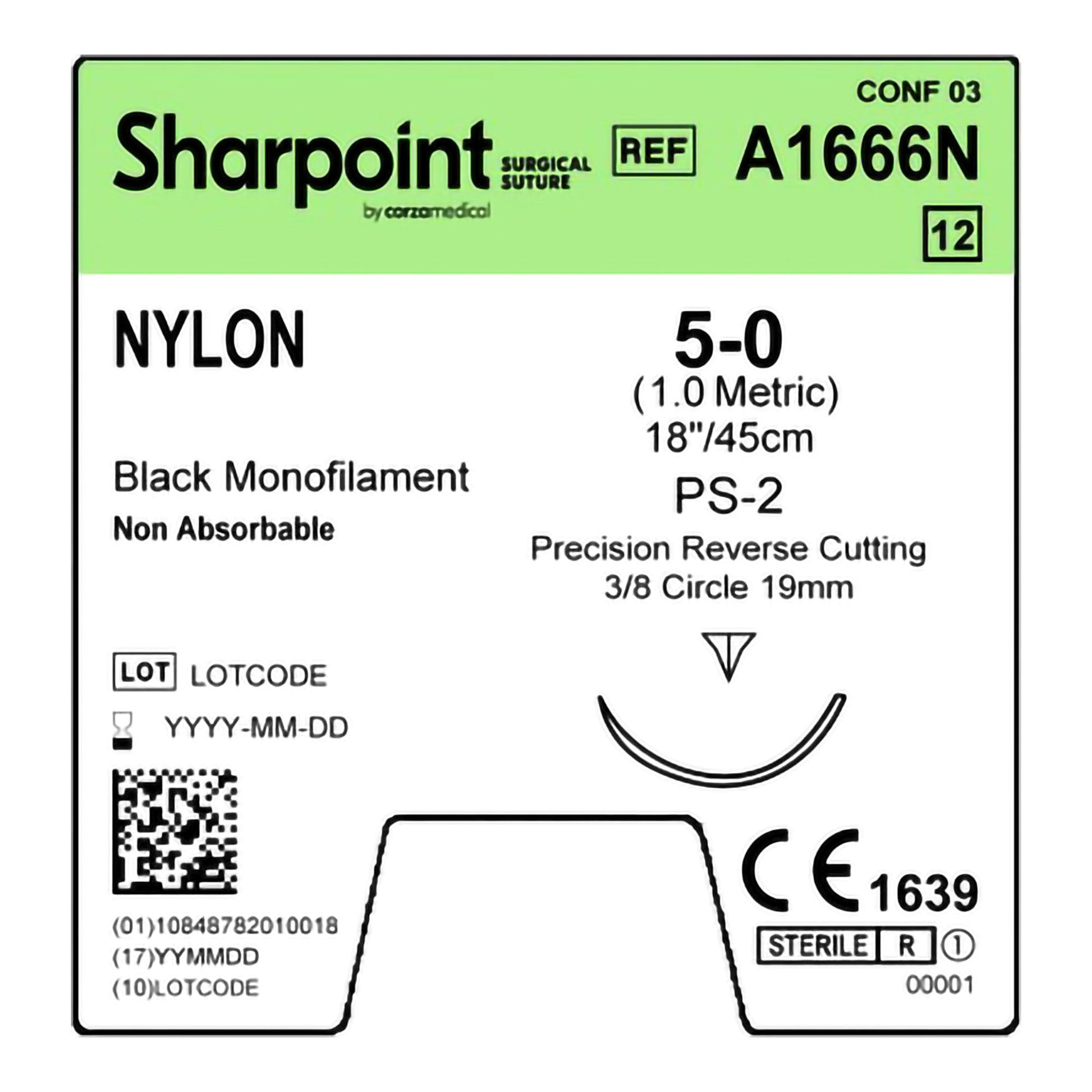 Nylon Suture, Monofilament, Reverse Cutting, Size 5-0, 18"/45cm, 19mm, 3/8 Circle, 12/bx