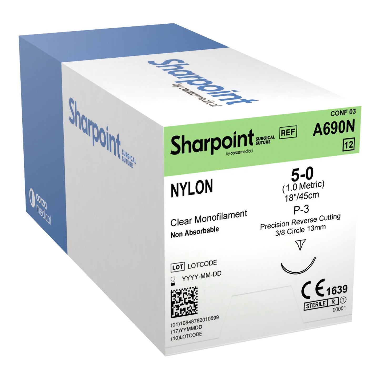 Nylon Suture, Monofilament, Reverse Cutting, Size 5-0, 18"/45cm, 13mm, 3/8 Circle, 12/bx