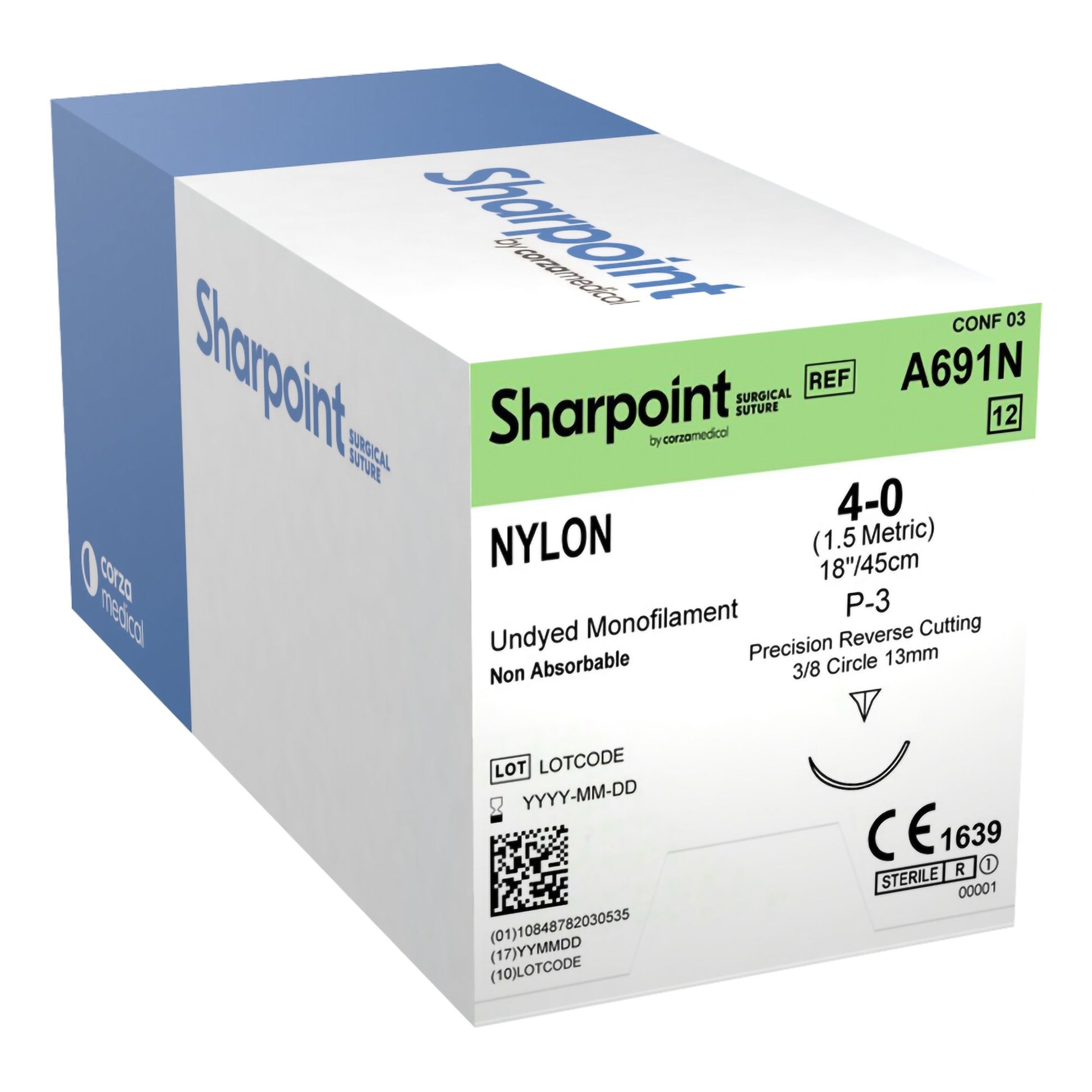 Nylon Suture, Monofilament, Reverse Cutting, Size 4-0, 18"/45cm, 13mm, 3/8 Circle, 12/bx