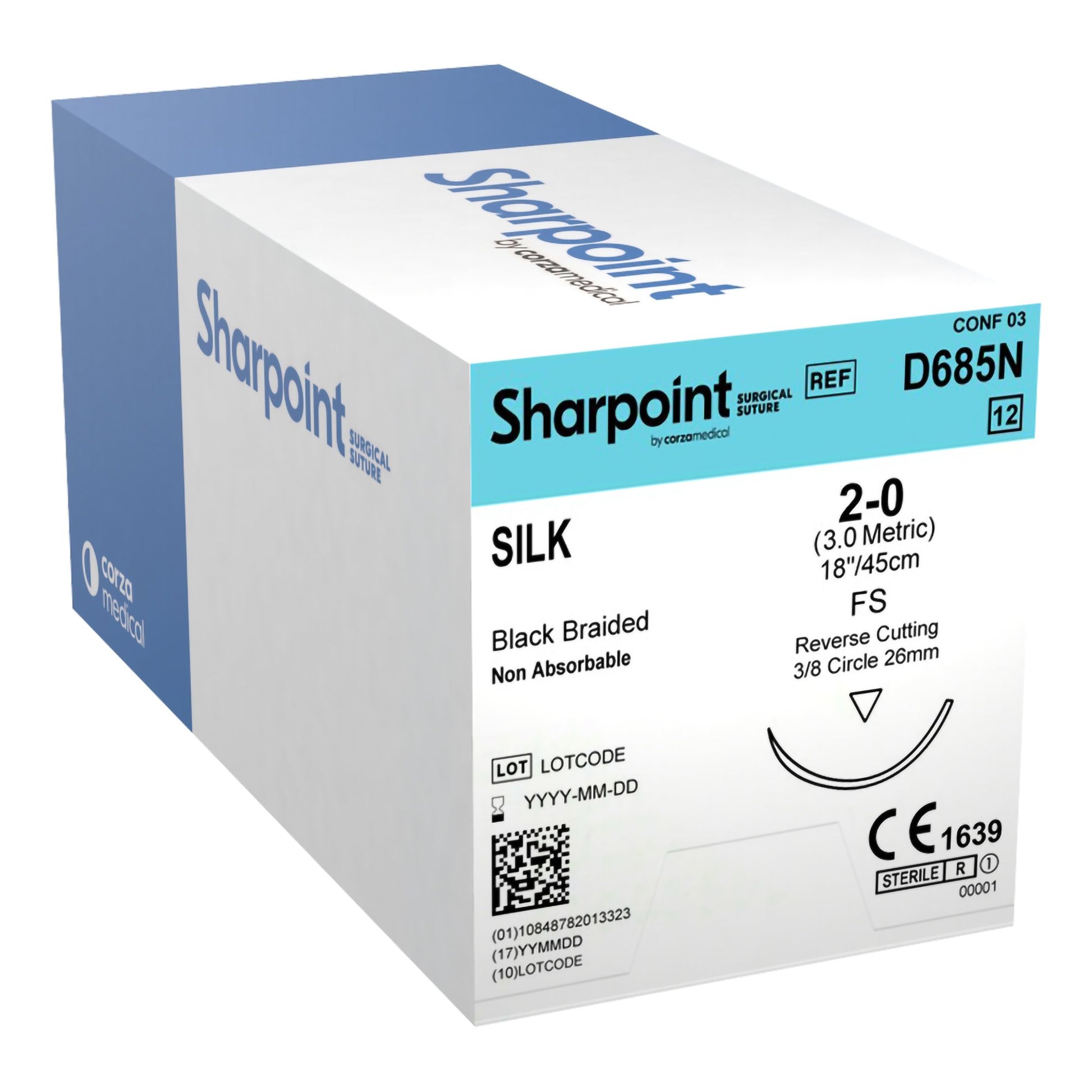 Silk Suture, Black Braided, Reverse Cutting, Size 2-0, 18"/45cm, 26mm, 3/8 Circle, 12/bx
