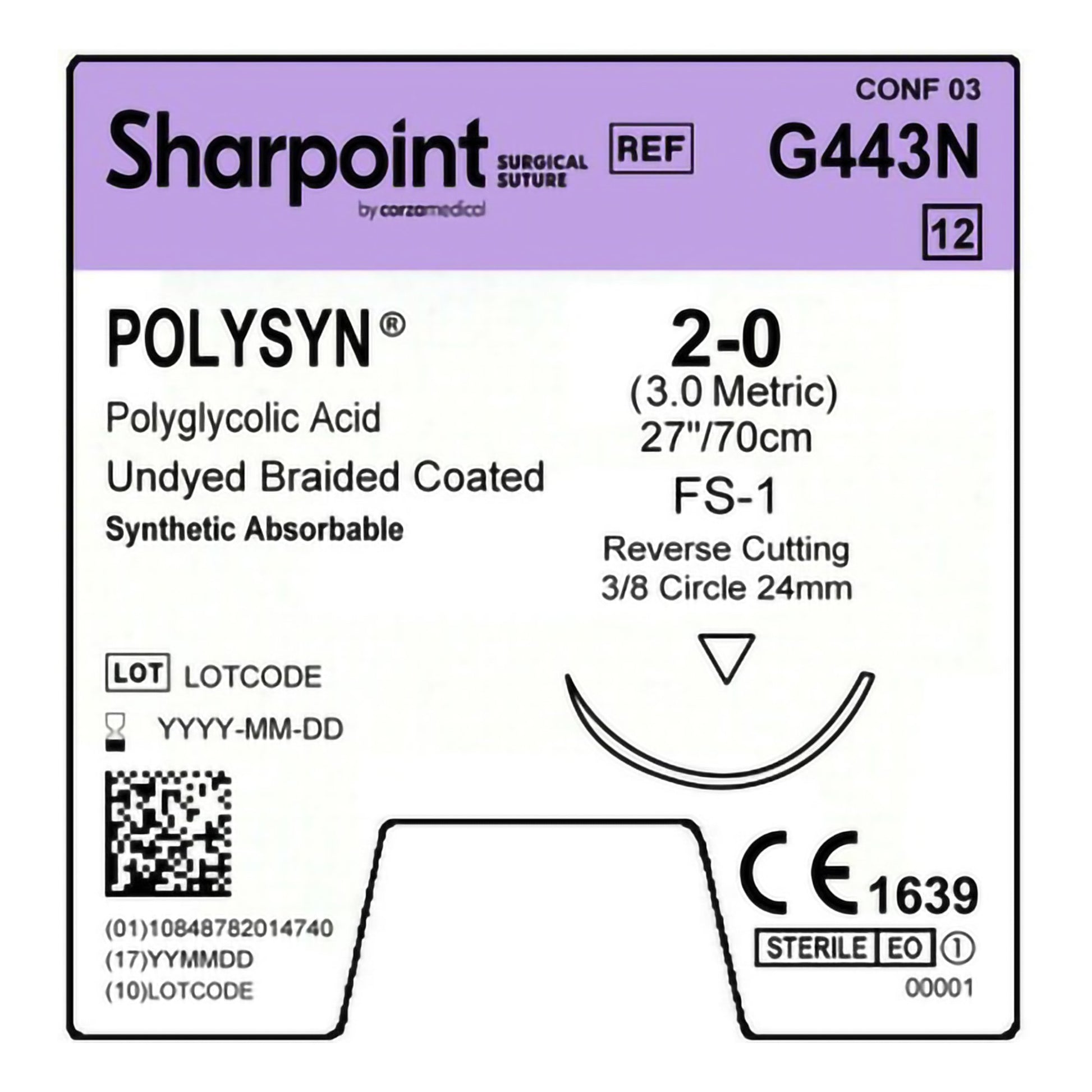 Polyglycolic Acid Suture, Braided, Reverse Cutting, Size 2-0, 27"/70cm, 24mm, 3/8 Circle, 12/bx