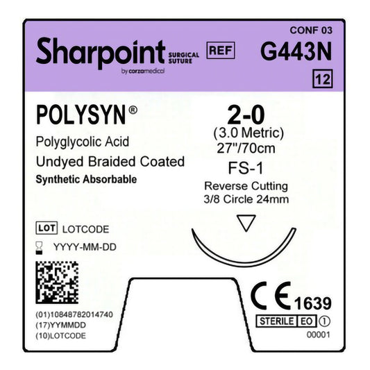 Polyglycolic Acid Suture, Braided, Reverse Cutting, Size 2-0, 27"/70cm, 24mm, 3/8 Circle, 12/bx
