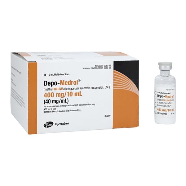 Depo-Medrol Methylprednisolone Acetate, 40 mg/ ml Injection, Multiple Dose, 10 ml Vial, 25/pk (Rx) (Item is Non-Returnable) (We must have your Wholesale Drug License on File before shipping this product) (US Only, Excluding IN and ND)